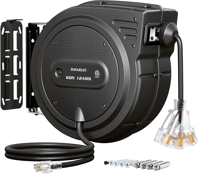 SURAIELEC 12 Gauge Extension Cord Reel, 60 FT Retractable Extension Cord, 12 AWG/3C SJTOW Heavy Duty Power Cord, 13 AMP Circuit Breaker, Lighted Triple Tap, Ceiling or Wall Mount, ETL Listed, Black