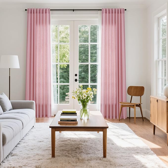Semi Sheer Rose Linen Blend Curtains 108 Inches Long 2 Panels Set with Back Tab Loop Pocket Light Filtering Boho Decor Extra Long Drapes for High Ceiling Living Room 52x108