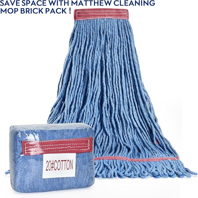 Matthew Cleaning 20oz Heavy Duty Mop Head Commercial Replacement for General and Floor Cleaning, Wet Industrial Blue Cotton Looped End String Head Refill (Pack of 3) Blue