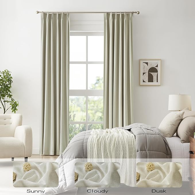 DUALIFE 90 Inch Curtains for Living Room Greige Natural Linen,Pinch Pleat/Back Tab Country Hooks Drapes for Sliding Patio Door Two Burg Blackout Track System Curtains Set of 2,W40xL90