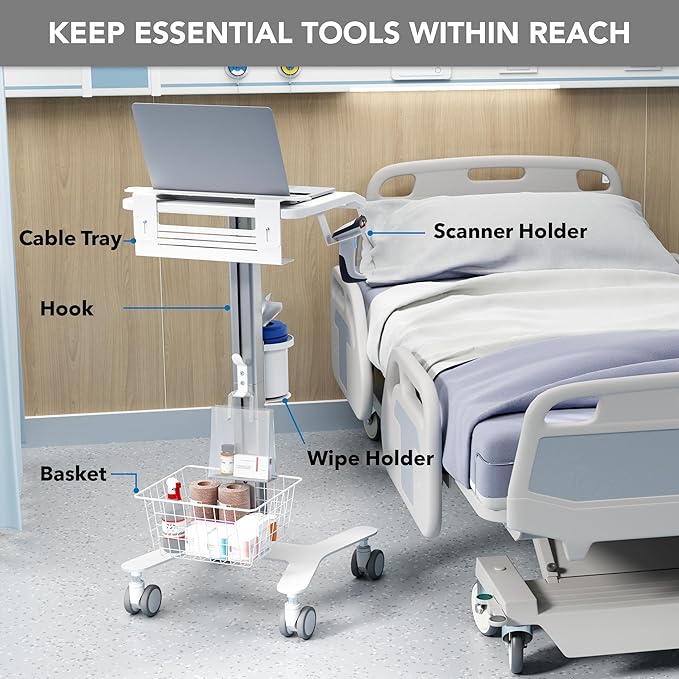 Mount-It! Medical Laptop Cart with Locking Wheels and Anti-Theft Bar, Mobile Computer Workstation for Clinics, Hospitals, Labs – Secure Rolling Cart with Supply Holders and Cable Management
