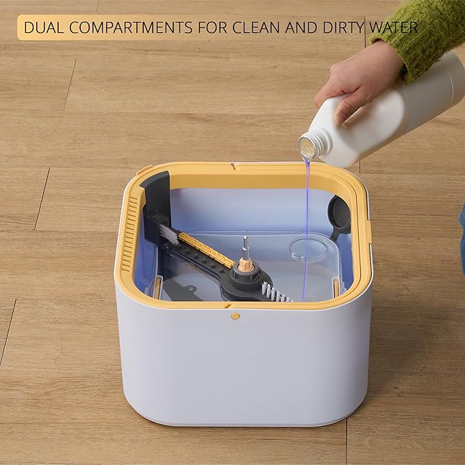 True & Tidy® TrueClean Mop and Bucket System Plus with New Easy Lift Inner Bucket, Self Wringing, Separates Clean from Dirty Water, Folding Mop Head, Dual Brush System, 4-pc Machine Washable Pads