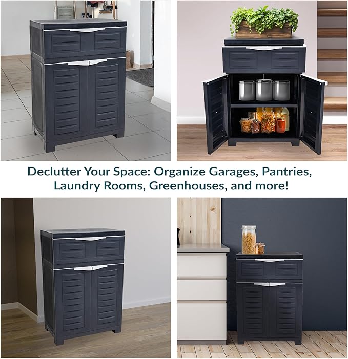 Sunnydaze Plastic Garage Storage Cabinet with Adjustable Shelf - 34.5" H - Garage, Office, Home, Laundry Room - Charcoal