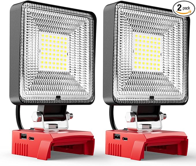 LIVOWALNY 2PCS 30W Cordless LED Work Light Compatible with Milwaukee 18V Battery, 3000LM Portable Flashlight with USB & Type-C Output Port, Flood Light Low Voltage Protection, Battery Not Included