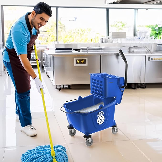 Dryser Commercial Mop Bucket with Side Press Wringer, 26 Quart, Blue
