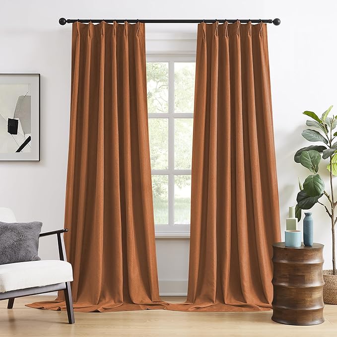DUALIFE Pinch Pleatd Blackout Curtains 105 Inches Long, Boho Linen Rustic Copper Color Retro Room Darkening Privacy Curtains Drapes with Hooks for Living Room Bedroom 2 Panels Terra Cotta Rust 50x105