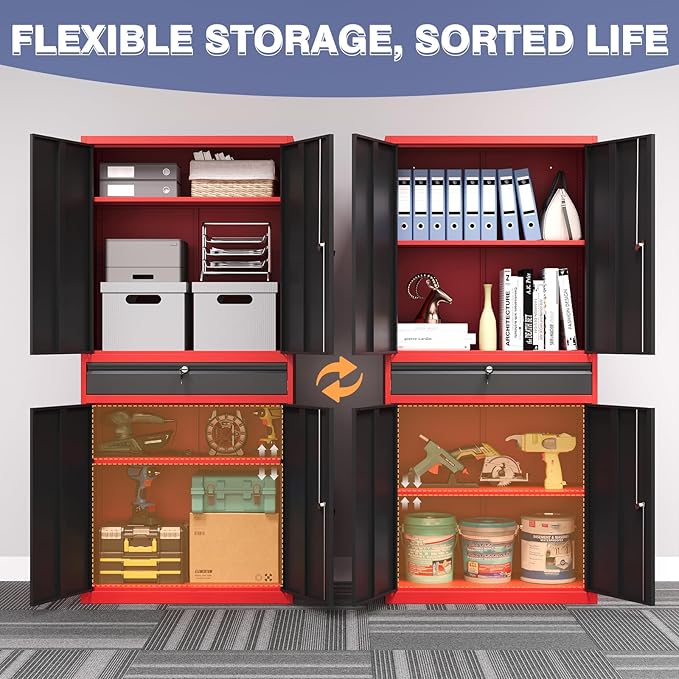 Metal Garage Storage Cabinet with Locking Doors and Drawer, 71" Steel Tool Storage Cabinet with Adjustable Shelves for Garage,Office,Warehouse (Red Black)