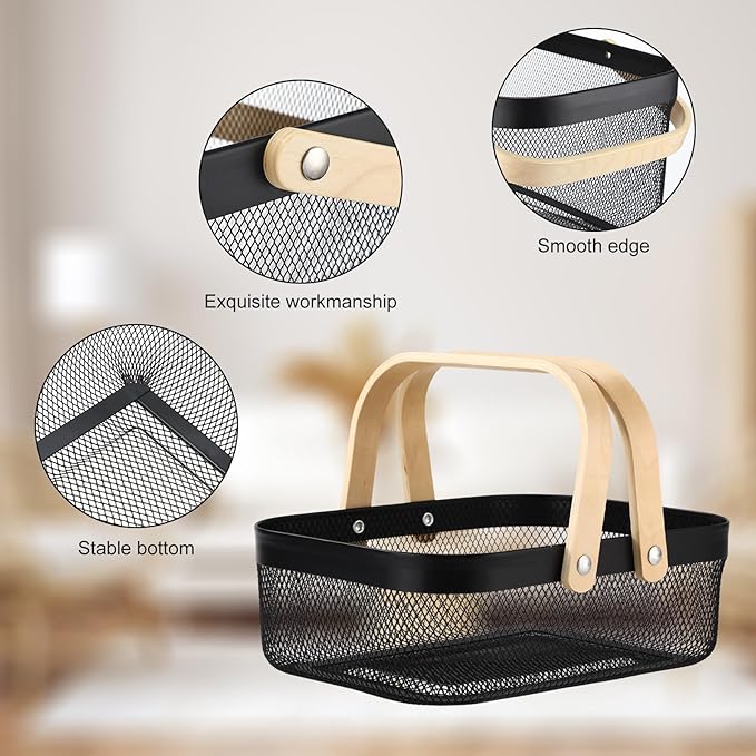 Sadnyy 2 Pcs Metal Wire Storage Basket with Handle Mesh Harvest Durable Vegetables Fruit Basket for Garden Organizing, Kitchen, Countertop, Closet, Bedroom (12.6 x 9.7 x 4.3 Inch,Black)