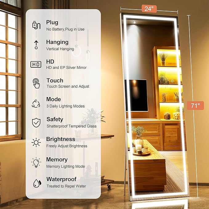 Full Length Mirror with Lights, 71" x 24" LED Lighted Floor Standing Body Mirror, Dimmable & 3 Color Lighting for Bedroom, Cloakroom, Dressing Room, Tempered Glass, Square White