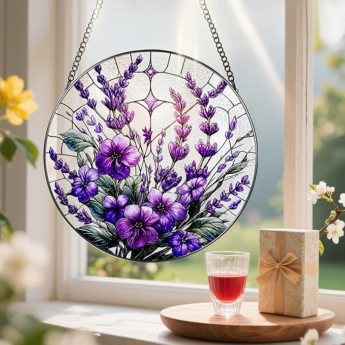 Bauhinia&Violets Flower Stained Glass Suncatcher, Stained Glass Window Hanging, 8 Inch Window Hanging Decor, Christmas, Mother's Day, Birthday Gifts for Mom, Grandma, Women, Wife, Lovers