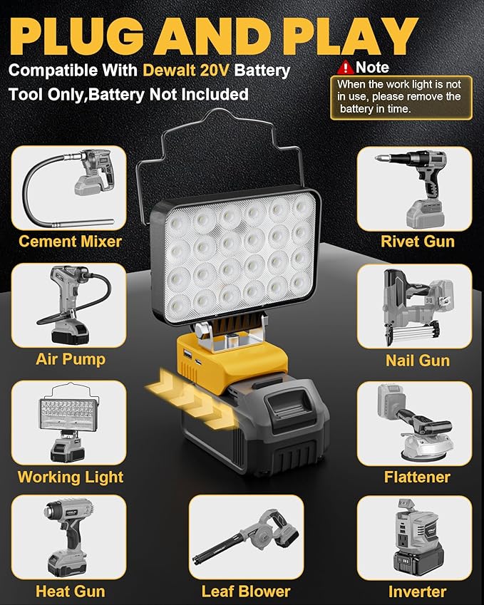 LIVOWALNY LED Work Light Compatible with Dewalt Battery, 88W 8800LM Battery Flashlight Cordless, Portable Tools LED Floodlight with USB A & USB C Output Port for Camping, Hiking, Emergency & Job Site