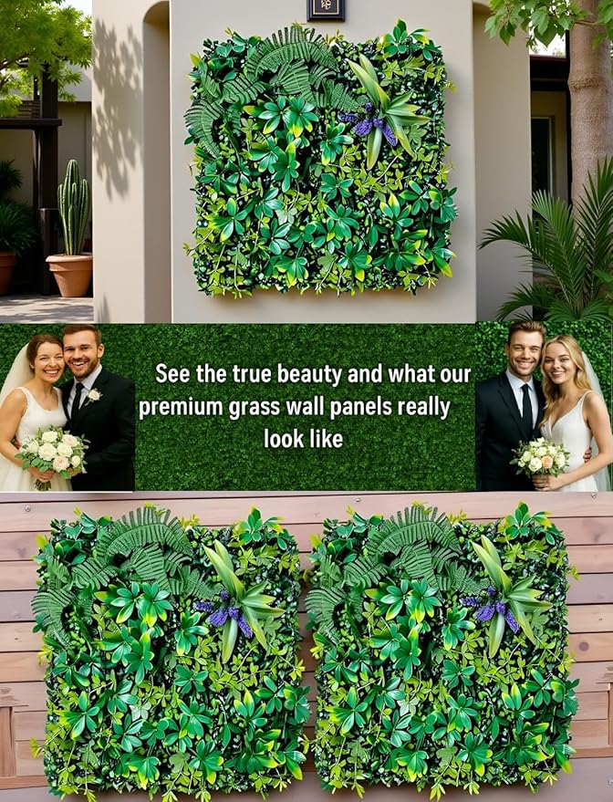 Artificial Grass Wall Panels for Indoor Outdoor, 16 Pack 20"x20" (44.53 Sq.Ft), Boxwood Panels, Greenery Backdrop for Home & Event Decor for Wedding with DIY Vine, Violet Flower, Light Strip
