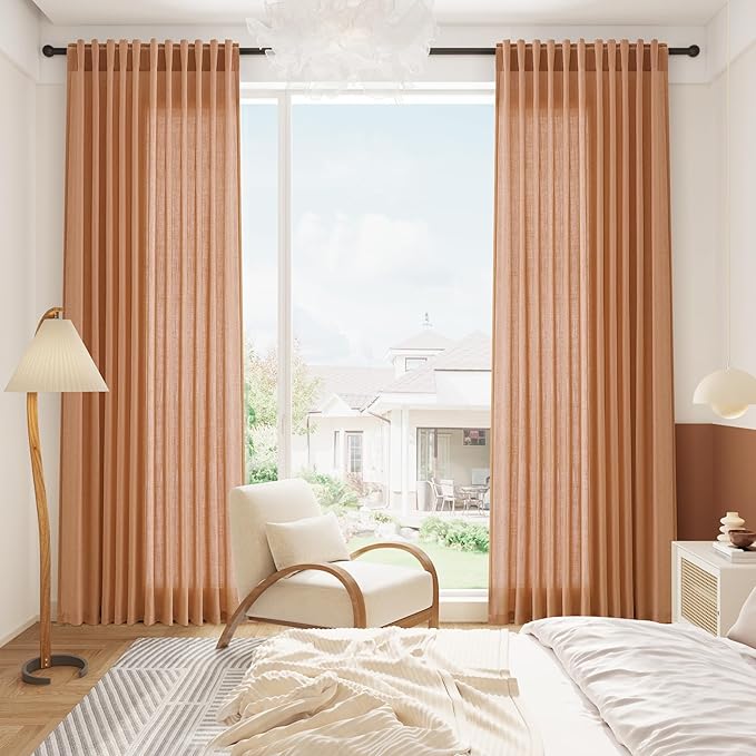Nanspring Peach Quartz Boho Style Linen Blend Drapes 84 Inch Long 2 Panels Set Back Tab Rod Pocket Light Filtering Semi Sheer Curtain Textured Curtains for Cozy Bedroom and Living Room Decor 52x84