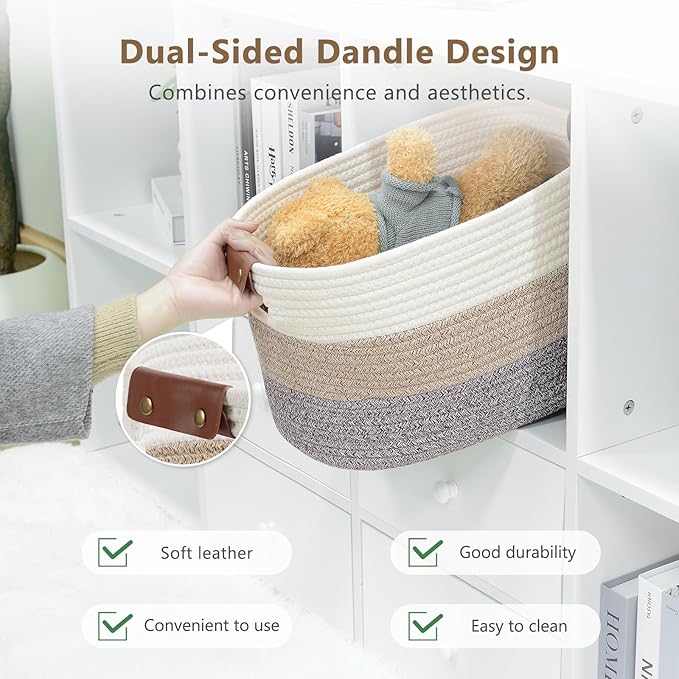 Cotton Rope Basket, Storage Baskets with Handle, 15x10x9 Inch Woven Basket for Shelves, Laundry, Towels, Clothes, Books, (Gradient Brown 1 Pack)
