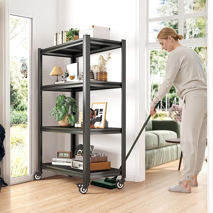 REIBII 4 Tier Storage Shelves with Wheels, 530LBS Adjustable Pantry Shelves,Metal Shelving Unit for Garage, Pantry, Kitchen, Living Room, Warehouse, Basement, 59.8" H x 31.5" W x 16.5" D, Black