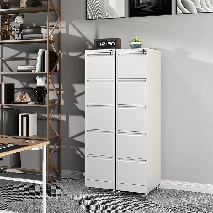 5 Drawer Rolling File Cabinet with Lock, Metal Filing Cabinets on Wheels, Vertical Steel Office Drawers Storage for Hanging Legal/Letter Folders, Require Assembly (White)