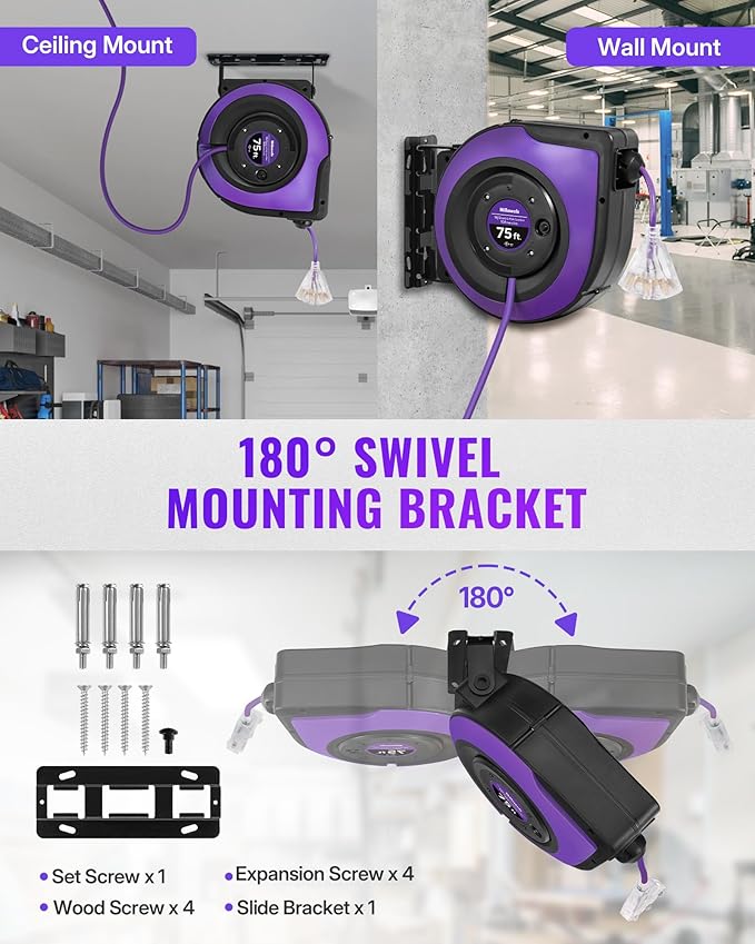 Extension Cord Reel, 75 FT Retractable Extension Cord Reel, 14AWG/3C SJTOW, Lighted Triple, 10A Circuit Breaker, Wall/Ceiling Mounted, Heavy Duty Power Cord, UL Listed, Purple P75CR06