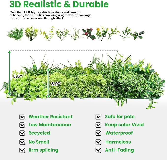 Artificial Grass Wall Roll 40"x120" (3.33ft x 10ft,33.3 Sq.ft), 3D Green Grass Wall for Outdoor Fence Indoor Decor, Greenery Privacy Screen for Patio Backyard, with DIY 60 PCS Violet Flower