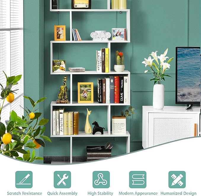 Tangkula 6 Tier S Shaped Bookshelf, 31.5''L x 9''W x 75''H, Wooden Bookcase and Bookshelves w/Anti-Toppling Device, Room Divider Display Shelves for Living Room, Home Decor, 6 Shelf Bookshelf
