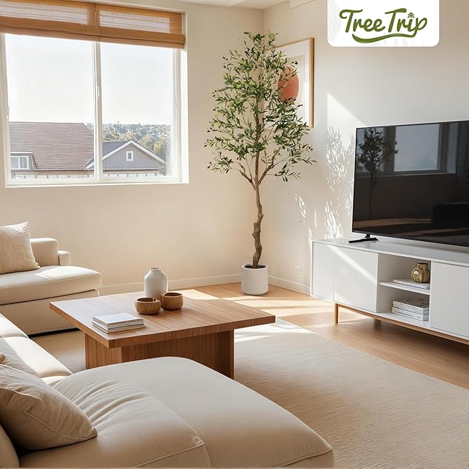 2 Pack Artificial Olive Tree 7FT, Tall Faux Olive Trees with White Pot for Indoor Outdoor, Realistic Potted Plant Natural Wood Trunk, Leaves and Fruits for Home Office Decor (2, 7FT)