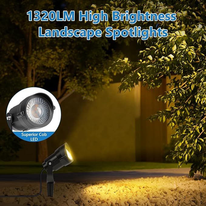 HIBOITEC 12W Spot Lights Outdoor 120V Landscape Lighting Waterproof Spotlight with 4.9ft 3-Plug LED Plug in Landscape Lights for Yard Gardern Decorations 2900K 1Pack