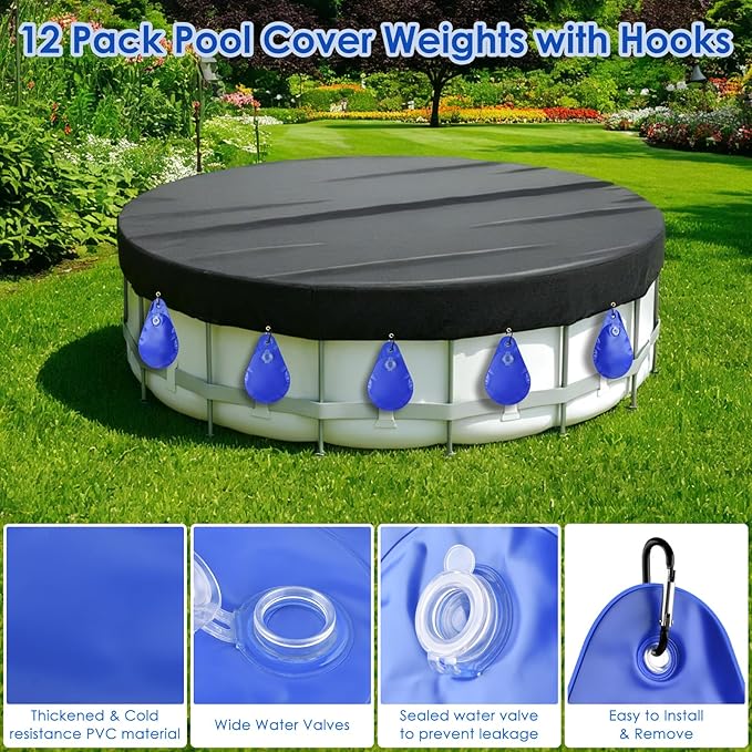 12 Pack Pool Cover Weights with Hooks, Thick PVC Leakproof Swimming Pool Cover Hanging Bags, Antifreezing Winter Tarp Weights Bag for Above Ground Pool Cover