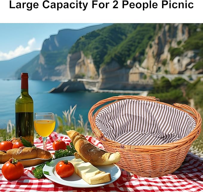 Large Wicker Picnic Basket with Double Folding Handles and Grey Lining, Wicker Basket, Large Willow Hamper, Handwoven Basket for Storage, Picnic, Camping
