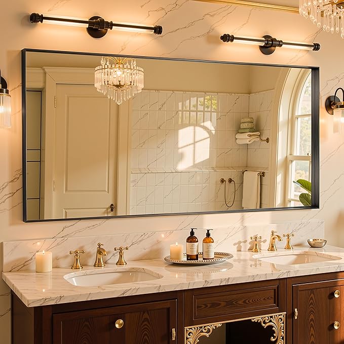 60"x28" Black Framed Bathroom Mirror, Large Rectangular Vanity Mirror, Aluminum Metal Frame, Wall Farmhouse Modern Wall-Mounted Mirrors for Bathroom, Bedroom, Living Room, Over Sink