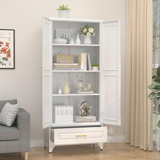 75" Kitchen Pantry Cabinet with Drawer, Metal Storage Cabinets with Doors and 4 Adjustable Shelves,White Kitchen Cabinet with 2 Gold Handles,Food Cupboard for Livingroom,Pantry, Bathroom