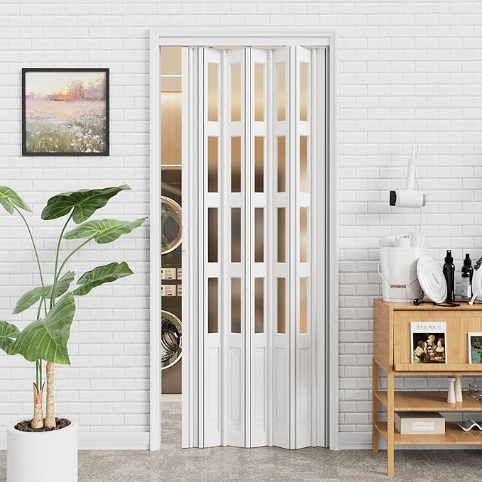 24-36 x 80in Accordion Doors Interior Folding Door, White PVC Accordion Door with 4 Frosted Acrylic Glass with Upgraded Roller & Handle & Complete Hardware, for Closet Bathroom Doorways