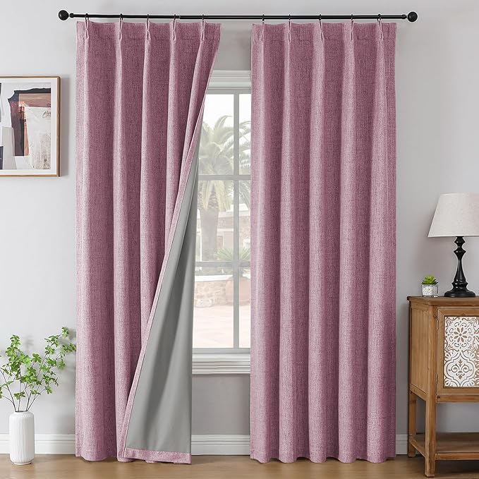 Joydeco Pinch Pleated Curtains - 100% Blackout for Bedroom, Pink Linen Curtains 40" W x 96" L, Thermal Insulated 2 Panels Light Blocking Drapes, Back Tabs for Living Room