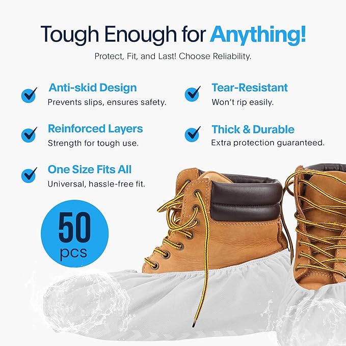 Premium Disposable Boot & Shoe Covers Booties | 50 Pack | Durable, Non-Slip, Non-Toxic, Water Resistant, Recyclable Protectors for Indoor & Outdoor | Large Size Fits Most Shoes