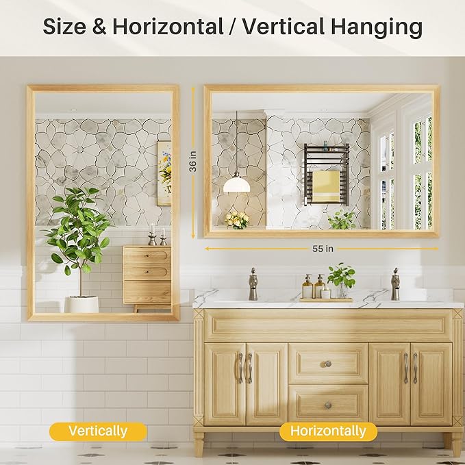 55x36 Inch Bathroom Mirror for Wall, Anti-Rust Oak Wood Grain Metal Framed Bathroom Mirrors for Over Sink,Rectangler Mirrors for Bathroom Vanity, Farmhouse, Bedroom, Living Room, Entryway Decor