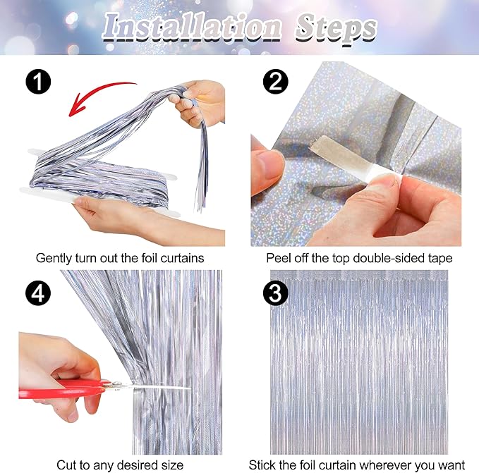 4 Pack NYE Silver Tinsel Foil Curtain, 3.28 FT x 7.05 FT Glitter Silver Tinsel Curtains, Metallic Foil Streamer Disco Fringe Backdrop Party Curtains, Birthday New Year Party Supplies Disco Decor