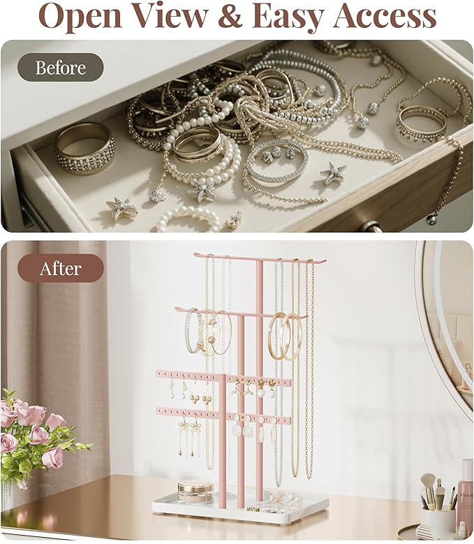 pickpiff Pink Jewelry Stand Holder Organizer: 12.5" Sturdy Hanger for 80 Pcs Jewelry, Jewlery Tower for Display Necklace, Earring, Bracelet, Watch