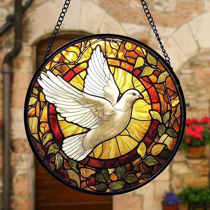 Stained Glass Window Hanging, Flying White Dove Sun Catchers Diamond Glass Panel Hangings Cute Birds Suncatcher Decor for Birthday for Women, Men, Wife, Aunt,and Mom 7.8X7.8IN