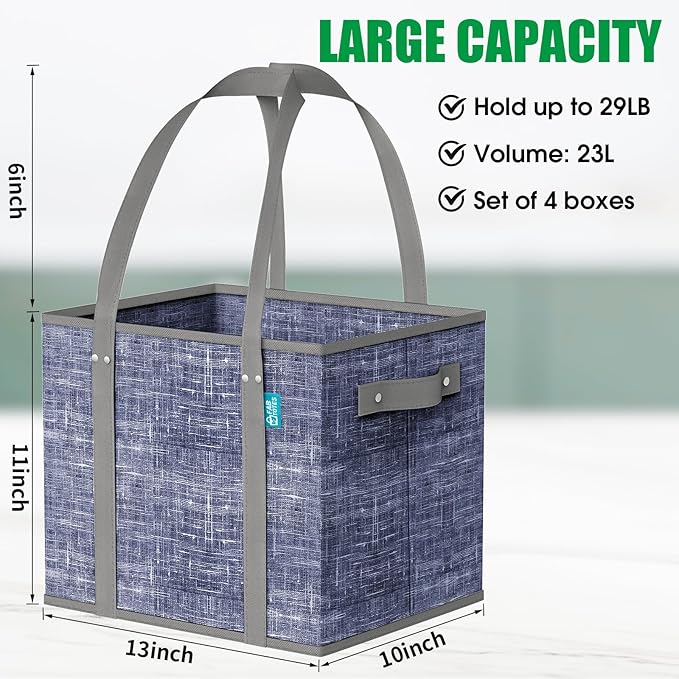 Fab totes Reusable Grocery Bags, Large Foldable Shopping Tote Bags with Reinforced Handles & Hard Bottom,4 Pack,Blue