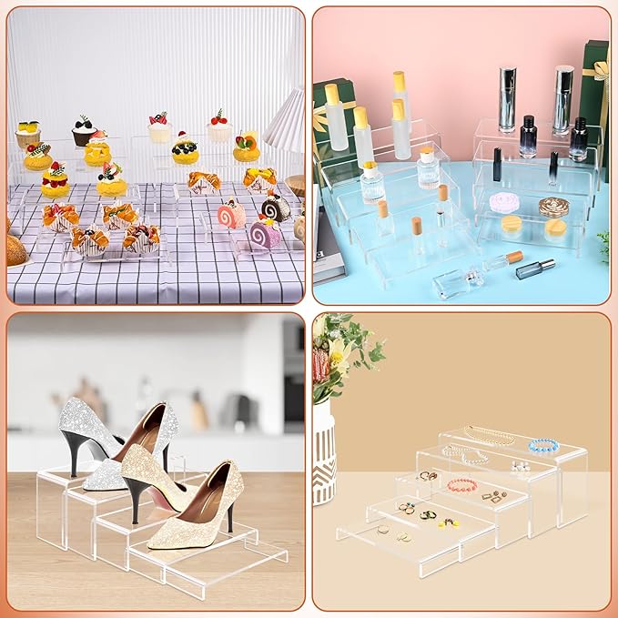 10 Pcs Large Acrylic Display Risers, 2 Sets Clear Risers Display Stands, 0.19" Thick Large Acrylic Risers for Display, Clear Rectangular Display Shelf for Showcase Cupcake Dessert Toys Perfume