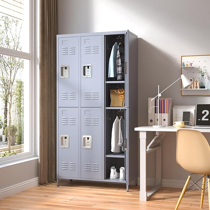 6 Door Locker with Lock, Metal Storage Locker Cabinet with for Employees Organizer, Office, School, Gym, Home, Require Assembly (Grey)