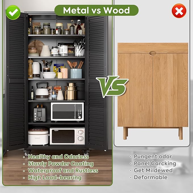 Aobabo Garage Storage Cabinet with Wheels,Lockable Metal Storage Cabinet with 5 Adjustable Shelves for Garage Home,Required Assembly,Black