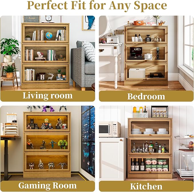 Display Cabinet with Acrylic Glass Doors,3-Tiers Curio Cabinet with LED Lighting for Collectibles, Collectibles Toy Organizers Rack & Display Shelf Display Case Storage Cabinet, Nature