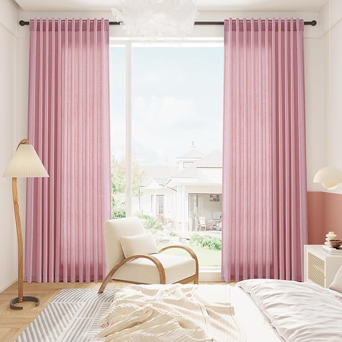 Semi Sheer Rose Linen Blend Curtains 108 Inches Long 2 Panels Set with Back Tab Loop Pocket Light Filtering Boho Decor Extra Long Drapes for High Ceiling Living Room 52x108