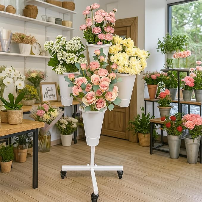 DYALE Flower Display Stand with Buckets - Flower Cart with Wheels for Bouquet Shop, Metal Flower Rack Display Stand for Wedding Garden, Party, Events 1 (White, Round buckets)