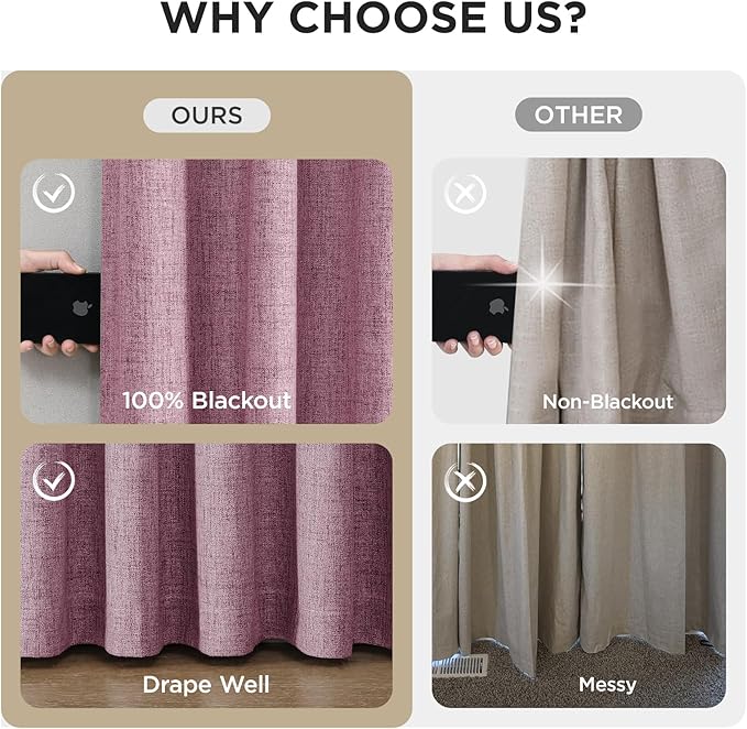 Joydeco Pinch Pleated Curtains - 100% Blackout for Bedroom, Pink Linen Curtains 40" W x 63" L, Thermal Insulated 2 Panels Light Blocking Drapes, Back Tabs for Living Room