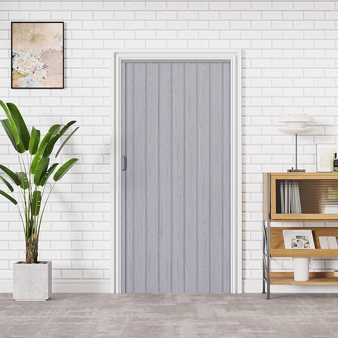 36" x 80" Accordion Doors Interior Folding Door, Grey PVC Accordion Door for Opening Width: 24"-36", Adjustable Height & Width, Two Strong Magnetic Blocks for Close Tightly, Protect Privacy