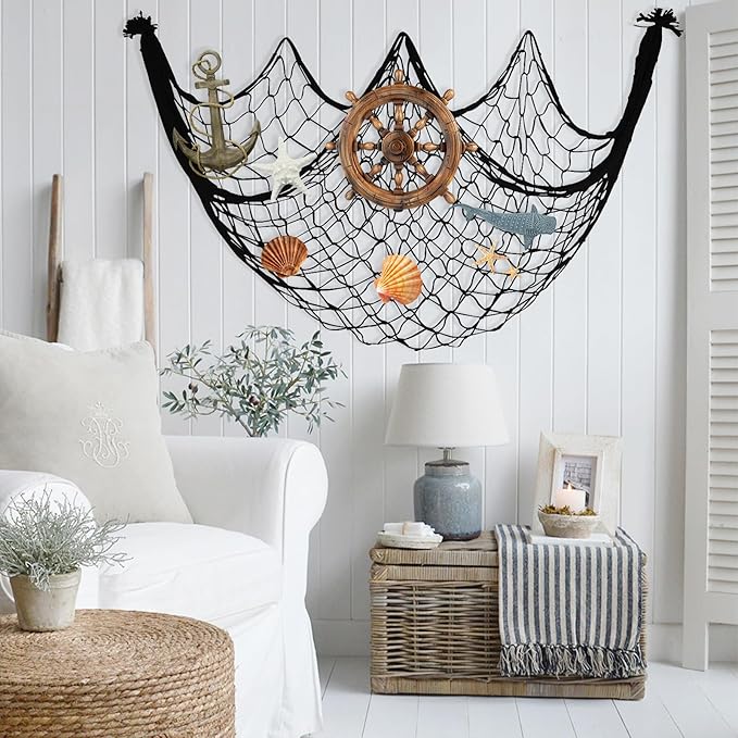 2 Pack Fish Net Decorations, 80x40 Inch Black Fishing Net Decor for Pirate Under The Sea Beach Theme Party, 3mm Thick Natural Cotton Versatile Nautical Netting for Wall Table Ceiling Halloween Decor