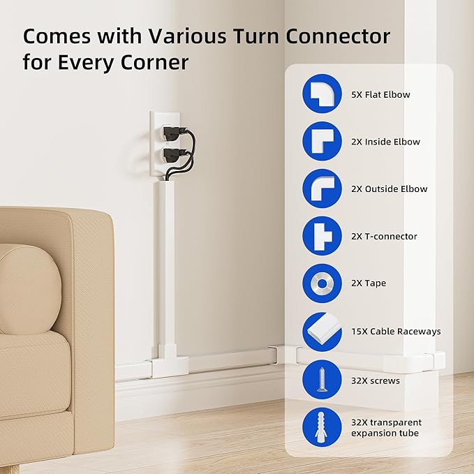 Delamu Large 236in Cord Hider, Cord Covers for 3-4 Wires on Wall, Premium TV Cable Hider, Paintable Wire Hiders Wire Covers for Cords on Wall, Easier Setup Cable Cover Raceway, W1.18 × H0.63in, White