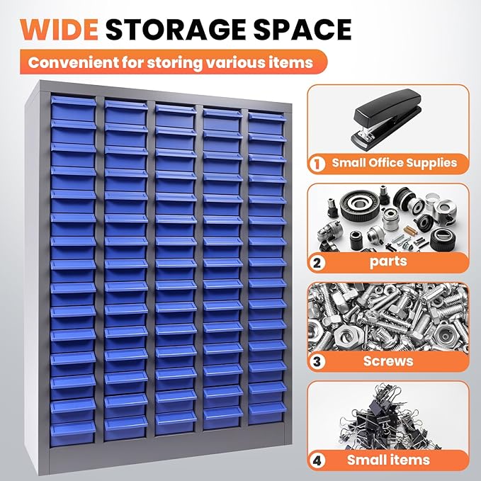 75-Drawer - Nut and Bolt Organizer | Stainless Steel Part Storage Cabinet | Shelves & Labels | Each Drawer 3.9" D x 7.8W x 2" H | Durable Hardware Storage for Small Parts/Tool (Classroom, Home)