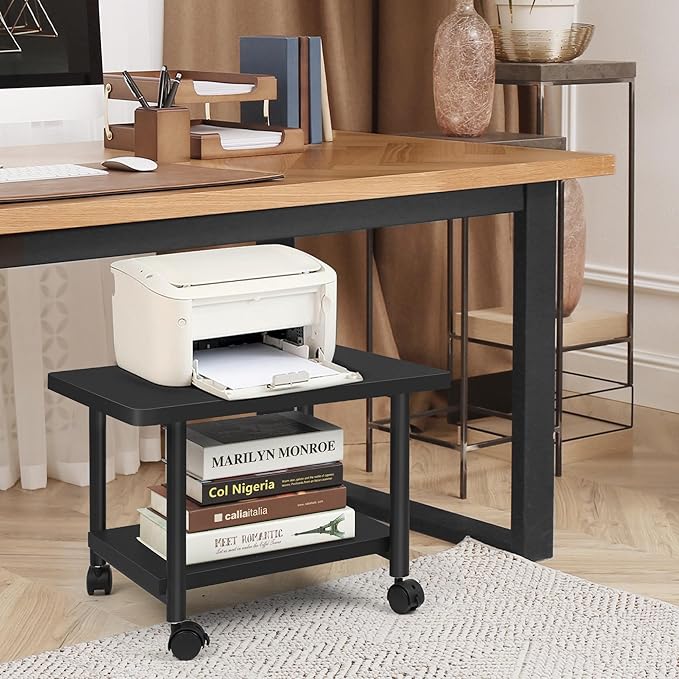 Under Desk Printer Stand - 2-Tier Industrial Mobile Printer Table with Storage Shelf, Heavy Duty Wood Rolling Printer Cart with Wheels for Home and Office,Classic Black