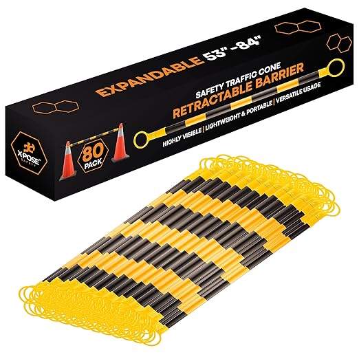 Retractable Barrier for Safety Traffic Cones - 2" OD - Large Yellow and Black Bar Barricade - for Road Construction, Parking, Warning, Temporary Security Divider (80, Yellow & Black, 53" x 84")